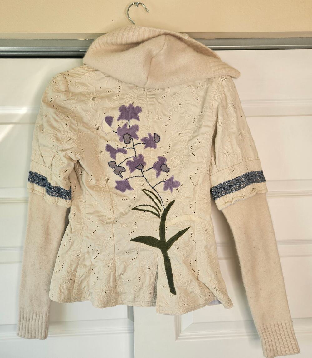 Vintage POPPY California Eyelet Lace Knit Wool Patchwork Flower Hooded Jacket S